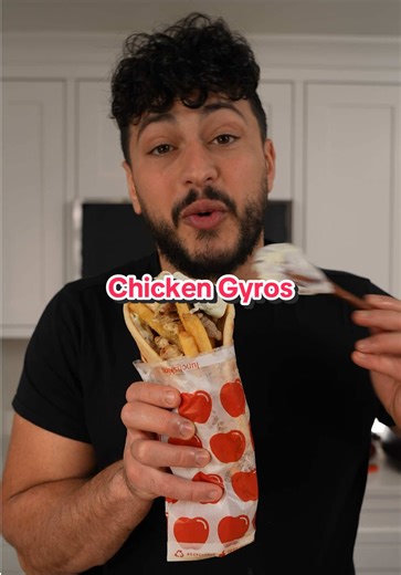 Chicken Gyros 😫 Recipe: 2lbs chicken thighs 1/4 cup yogurt 2 tbsp olive oil 6 cloves garlic 1 tbsp Dijon mustard 2 tsp oregano 1 tsp black pepper 1/2 tsp cumin Salt to taste Zest and juice 1 lemon Tzatziki- 1 large cucumber 4 cups full fat Greek yogurt 1/2 cup chopped dill 1-2 tbsp olive oil 4 cloves garlic Zest and juice 1 lemon Salt to taste Serve with: 4 large pitas Sliced tomato Fries