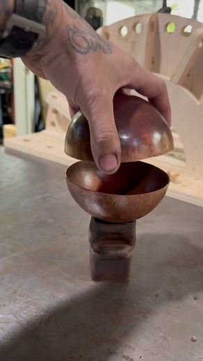 Jesse James on Instagram: "What’s is my version of “doodling”… Wondering if I can make a perfect 4.00” ball out of .065” copper sheet with thumbnail dies on the Pullmax and my Milwaukee planisher??? Harder than I thought. Had to anneal it 6 times… #jessejames"