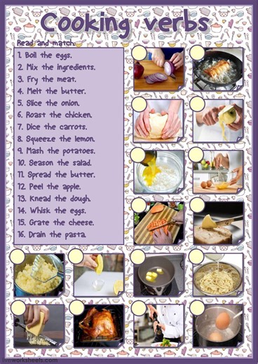Cooking verbs (matching) worksheet