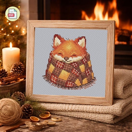 Fox with Scarf Cross Stitch Pattern - Autumn Animal, Plaid Wrap (Instant Download PDF)