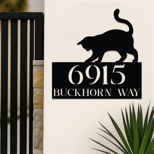 Custom Cat Address Metal Sign, Personalized House Number Sign, Cat Lover Home Decor, Outdoor Address Plaque Yard Wall Sign - Etsy