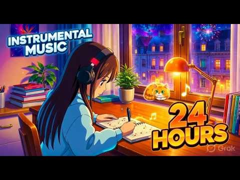 Cozy Night Study Vibes 🌌 24 Hour Instrumental Lo-fi | Anime Girl + Cute Cat + Fireworks