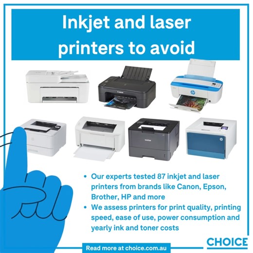 Buying a printer for your home office? Avoid these models that scored lowest in our lab tests. Read more: https://bit.ly/495Iu3U | CHOICE