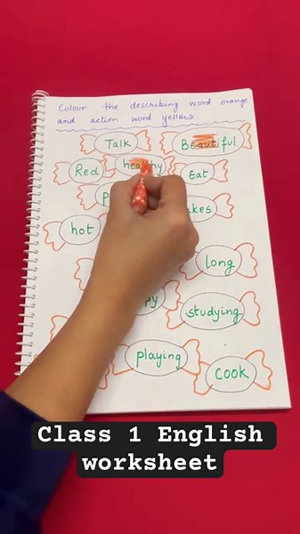 Class 1 English worksheet | describing words/Adjectives | action words