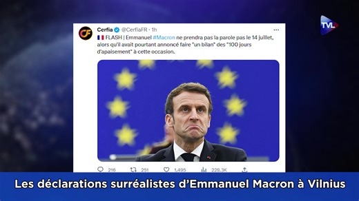 58K views · 2.6K reactions | [Le JT] Ukraine : Macron déclasse (encore) la France - Les déclarations surréalistes d'Emmanuel Macron à Vilnius  Le JT à retrouver sur TVL : https://my.mtr.cool/oakojxyygl | TV Libertés | Facebook