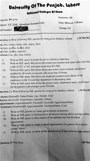 BSCS Database Lab CC-215L Paper 2026 #exam #education #punjabuniversity #lab #database #sql