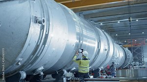 Heavy Industry Engineer Uses Augmented Reality Digital Tablet to Scan Large Diameter Pipe. Modern Industrial Manufacturing Technology to Design and Construct Oil, Gas and Fuels Transport Pipeline.