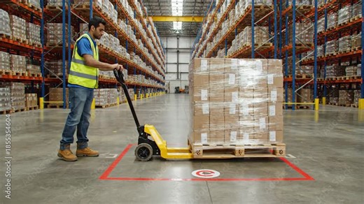 Warehouse worker operating a pallet jack with a large stack of boxes in a vast storage facility