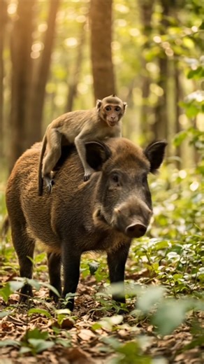 Monkey Riding on Wild Boar #shorts #animals