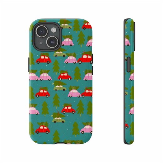 Christmas Tree Car Phone Cases, Festive Holiday Pattern, Cute Retro Xmas Cars, Winter Evergreen Teal Snow Design, Unique Cell Phone Cover - Etsy