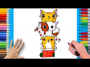 HOW TO DRAW A CHRISTMAS KITTEN STACK (Folding Surprise)🐈| LEARN STEP BY STEP | DRAWING AND PAINTING