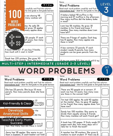100 Math Word Problems Worksheets | 2nd & 3rd Grade | Addition, Subtraction, Multiplication | Printable Practice Pack - Etsy