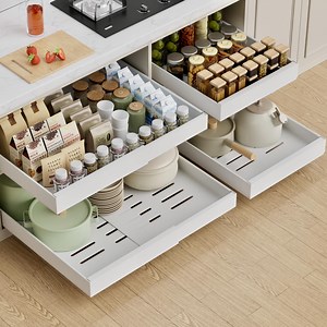 1 Pack Expandable Pull Out Cabinet Organizer, 16.5'' Deep Pull Out Drawers for Cabinet, Upgrade 3 Slide Rails Sliding Drawers for Cabinet with Adhesive Nano Film (White, 16.5"D x 12"-20"W)