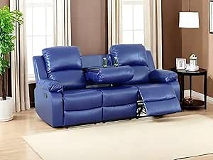 3 Seater Recliner Sofa Couch Manual Reclining Sofa Modern Leather Reclining Sofa Living Room Couch with Cup Holders & Drop Down Table for Living Room/Office/Rv Car (Purple Blue, 3 Seater Sofa)