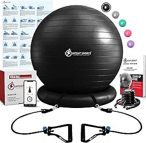 INTENT SPORTS Yoga Ball Chair – Stability Ball with Inflatable Stability Base & Resistance Bands, Fitness Ball for Home Gym, Office, Improves Back Pain, Core, Posture & Balance (65 Cm)