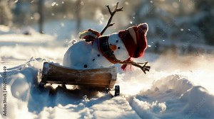 Playful funny snowman speeding downhill on a sled, scattering snowflakes in an energetic winter scene. Video made using Generative AI