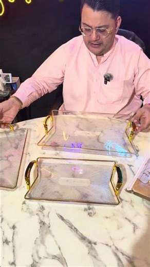 Gold Frame Nesting Acrylic Serving Trays with Sunburst Design