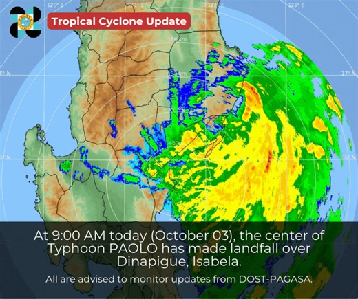 Tropical Cyclone Update At 9:00 AM today (October 03), the center of Typhoon #PaoloPH has made landfall over Dinapigue, Isabela. All are advised to monitor updates from DOST-PAGASA. | DOST-PAGASA