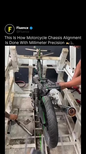 Fluence on Instagram: "Motorcycle chassis alignment ensures the frame, wheels, and suspension remain perfectly straight for safe and stable riding. Using laser guides and precision jigs, technicians measure deviations down to millimeters to correct bends caused by accidents or long-term stress 🏍️📐. This meticulous process improves handling, tire wear, and rider safety, showing how precision engineering plays a critical role in high-performance and everyday motorcycles alike. #MotorcycleEnginee