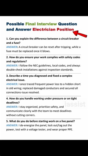 284K views · 1.6K reactions | Job interview question and answer Sample. Electrician position. #jobseekers #jobinterview #jobinterviewtips #jobinterviewprep #jobinterviewquestions #interview #interviewtips #InterviewQuestions #everyone #interviewpreparation #fypシ #followers | i.Assist | Facebook
