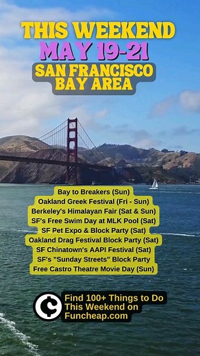 📣 SF Bay Area Weekend Guide: May 19-21, 2023 👀 Read more at Funcheap.com or LINK IN BIO ☝️ 👟 Bay to Breakers @baytobreakers - Sun 🇬🇷 Oakland Greek Festival @oaklandgreekfestival - Fri - Sun 🇳🇵 Berkeley's Himalayan Fair @himalayanfair - Sat & Sun 🏊‍♂️ SF's Free Swim Day at MLK Pool - Sat 🐕 SF OMI Pet Expo & Block Party - Sat 👯 Oakland Drag Festival & Block Party @oaklash2023 - Sat ⛩️ SF Chinatown AAPI Heritage Festival - Sat 🚸 SF Sunday Streets 2023 Kickoff @sundaystreets - Sun 🏳️‍🌈 