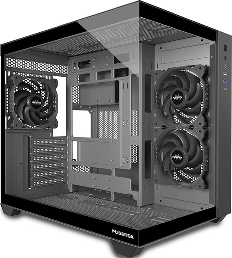 MUSETEX PC Gehäuse ATX, 3 Non-LED Lüfter vorinstalliert Gaming PC Gehäuse, 270° Full-View Tempered Glass PC Case mit Type-C, Mid Tower ATX Computer Gehäuse, Schwarz, Y6