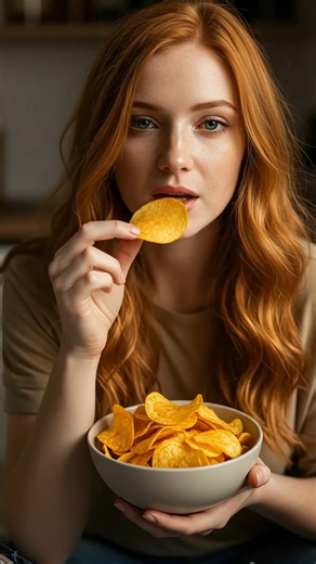 AISMR on Instagram: "Eating Crispy Potato ASMR 🥔 🎧 Sound on for full effect 🔊 Follow for more @a.i.s.m.r 👈 📝Prompt: Ultra-realistic cinematic video — a young woman with fair skin, light freckles, and soft red wavy hair sits in a cozy kitchen with warm natural lighting. She holds a ceramic bowl filled with golden, crispy potato chips. The scene begins with a medium shot, then the camera slowly zooms in as she brings a chip to her mouth. She eats each chip one by one, calmly and naturally, wi