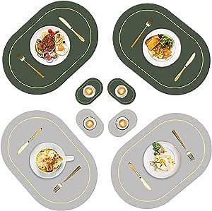 Faux Leather Placemats Set of 4 for Table Oval Placemat with Phnom Penh for Desk Heat-Resistant Indoor 4 Coasters Waterproof Kitchen Decor Green + Grey