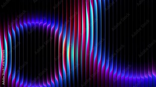 Futuristic smooth neon rings in rotational motion through ribbed glass. Dynamic luminous rings in continuous rotation and refractive glass distortion for creative digital projects. Seamless loop. 4K