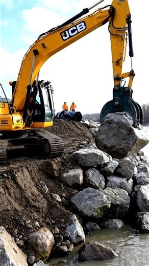 JCB Boulder Soling at River Bank 🌊 Heavy Rock Protection Work 🚜 #JCB #Shorts