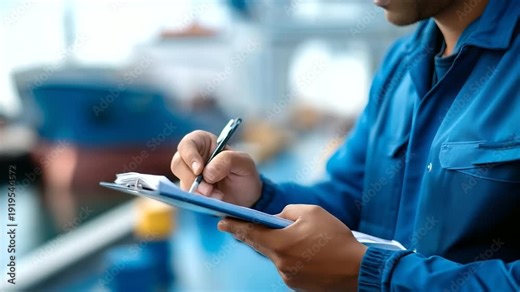 Faceless ship officer doing inspection with checklist defocused maritime vessel background anonymous crew member performing safety check naval quality control procedure marine