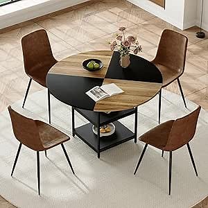 Dining Table and Chairs Set, 42 Inch Grey MDF Round Dining Table and 4 Dining Chairs Set, Dining Table and Chairs Set for Kitchen and Dining Room (4 Brown Chairs & Dual Color Table)