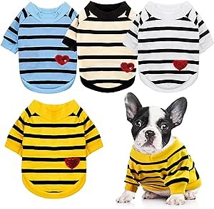 JaGely 4 Pcs Dog T Shirts Striped Pet Dog Shirt Colorful Puppy Clothing Pet Dog Spring Summer Clothes for Dachshunds Dog Pet Striped T-Shirt for Dogs Cats French Bulldog Bichon (Small)