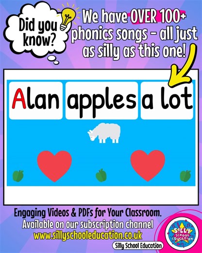 🎶 Learning phonics doesn’t have to be boring — that’s why we’ve created 100 colourful, silly, and super-engaging phonics songs to bring your classroom to life! ✨ Every video comes with ready-to-use PDFs and posters 📚 Plus, unlock 100s more exclusive songs, resources & teaching tools when you join our subscription channel. 👉 Start today at www.sillyschooleducation.co.uk . #PhonicsFun #PrimaryTeaching #TeachingIdeas #ClassroomResources #TeacherLife #EduInspiration #SillySchoolEducation #TeachWi