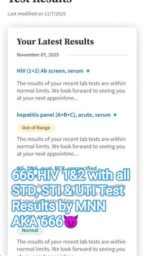 666 HIV 1&2 with all STD, STI & UTI Test Results by MNN AKA 666😈