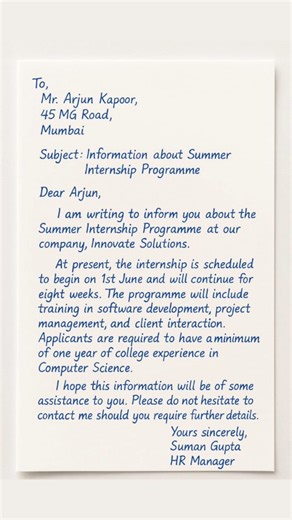 1K reactions · 44 shares | Information About Summer Internship Programme ☀️ Here’s how to write a formal information letter about internship details — polite, precise, and professional!  Hashtags: #InternshipLetter #FormalWriting #EnglishLearning #CareerGrowth #ProfessionalCommunication #WritingTips | EduSphere Academy | Facebook