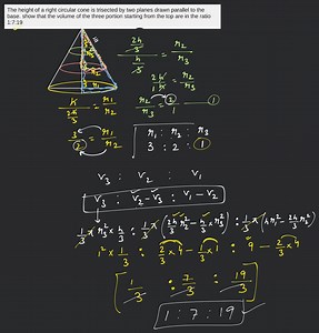 The height of a right circular cone is trisected by two planes ... | Filo