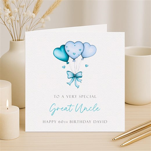 Birthday Card for Great-uncle, Personalised Blue Heart Balloons - Any Age - Etsy