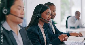 Call center, laptop video call and business people consulting, talking and explain tech support service, customer care or help desk. Web conference, microphone and agent discussion, telecom and chat Stock Video