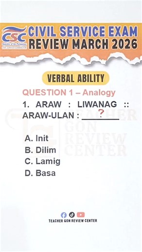 Hindi sapat ang hulà—hanapin ang ugnayan ng mga salita! Unawain muna ang relasyon ng unang pares bago pumili ng tamang sagot.‼️ #TGRC #teamteachergon #civilserviceexam #csepasser #CSEPassers #CivilServiceExam #CSE2026 #teachergon #csepractice #civilservicespreparation | Teacher Gon Review and Tutorial Center