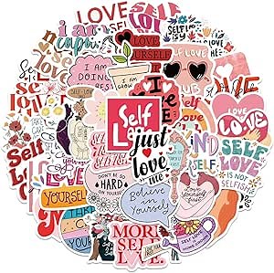 ENGOOFINE Self Love Stickers for Kids Waterproof Extra Sticky Durable Vinyl Work Great On Water Bottles Laptop Car Decal Or As Party Favors (50PCS Self Love Stickers)