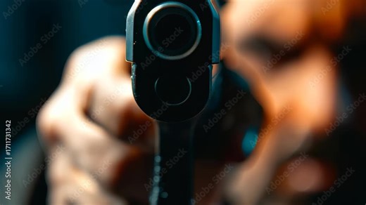 Close up of a man pointing a handgun directly at the camera with intense facial expression and dramatic lighting creating a tense and threatening atmosphere