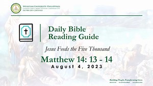 Daily Bible Reading Guide Matthew 14: 13 - 14 Jesus Feeds the Five Thousand 13 When Jesus heard what had happened, he withdrew by boat privately to a solitary place. Hearing of this, the crowds followed him on foot from the towns. 14 When Jesus landed and saw a large crowd, he had compassion on them and healed their sick. https://www.biblegateway.com/passage/?search=Matthew 14: 13 - 14&version=NIV #WesleyanUniversityPhilippines #DailyBibleReadingGuide #wesleyanspirituality #wupchristianvaluesfor