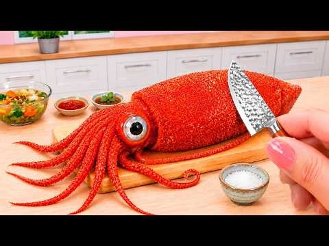 Tiny Seafood Tutorial 🦑 How To Cook Delicious Grilled Whole Squid With Spicy Sauce | Lily Tiny