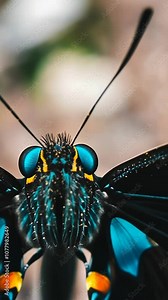 A close-up of a butterfly's head, showing its intricate details and bright blue eyes