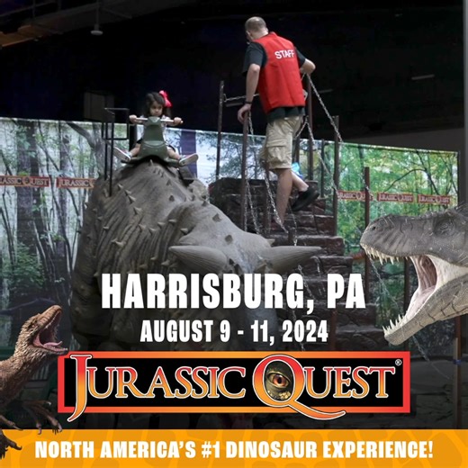 Make memories that are larger-than-life at Jurassic Quest in Harrisburg, Pennsylvania from August 9 - 11th at PA Farm Show Complex and Expo Center. 🦕Meet baby dinos 🔦Dig for fossils 🦖Experience one-of-a-kind dinosaur rides 💫Craft & play! 🚨Act fast–grab your tickets before they go extinct! 🚨 https://jurassicquest.shop/harrisburg-pa *Attractions & Exhibits vary by show | Jurassic Quest