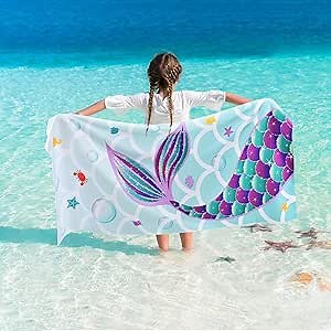 WERNNSAI Mermaid Kids Beach Towel for Girls - 30” x 60” Mermaid Sand Free Swim Towels for Girls Bath Pool Camping Travel Towel Quick Dry Ultra Absorbent Super Soft Beach Blanket Bath Shower Towel