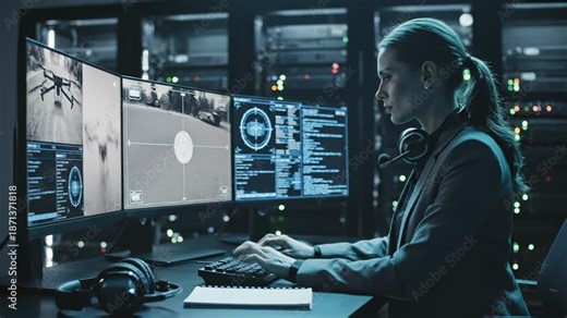 Woman operator controls drone fleet from control room. Female pilot monitors drone surveillance on multiple screens. Operator manages drone operations in command center. Woman types on keyboard tracki