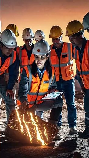 Mining engineers stand around a drilling rig that has just pierced a glowing mineral vein