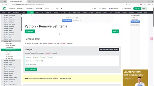 38集合4 删除集合的项 W3Schools Remove Sets Items